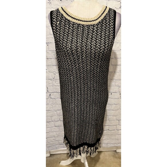 Romeo & Juliet Couture Knit Fringe Tank Dress Black Cream Size Large - Picture 2 of 8